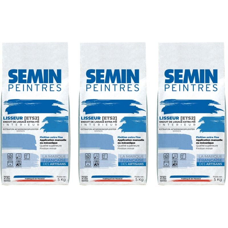 Semin - Lot de 3 enduits de lissage extra fin en poudre pour finition des murs Lisseur intérieur - sac de 1,5 kg