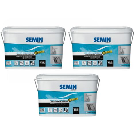 Lot de 3 enduits de lissage poussière maîtrisée pour finition des murs Semin - 3 fois moins de ponçage pour 3 fois moins de poussière - intérieur - seau de 4 kg