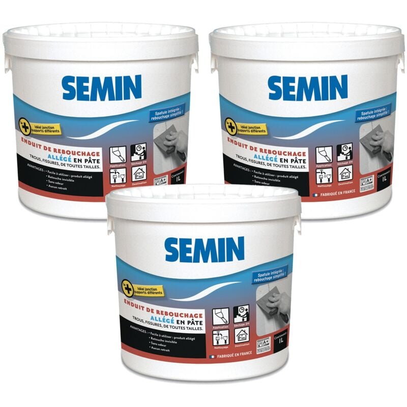 Lot de 3 enduits de rebouchage allégé pour trous et fissures importants Sem-Light Semin intérieur - pot de 1 l