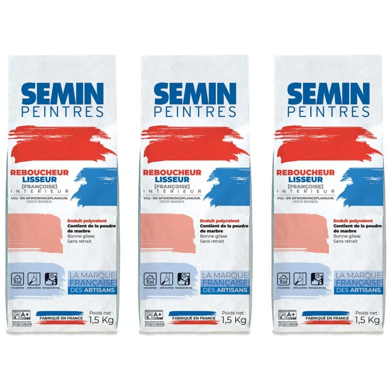 Semin - Lot de 3 enduits de rebouchage et lissage en poudre Reboucheur séchage rapide - intérieur - sac de 1,5 kg