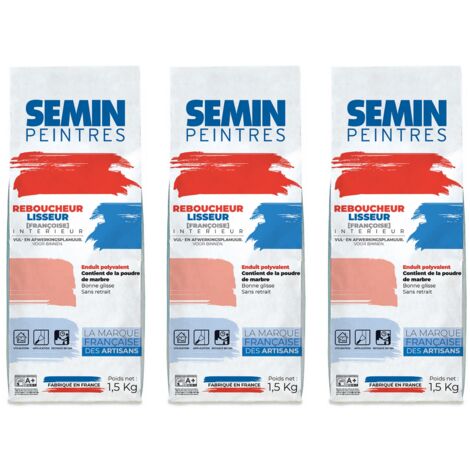 Lot de 3 enduits de rebouchage et lissage en poudre Reboucheur Semin - séchage rapide - intérieur - sac de 1,5 kg