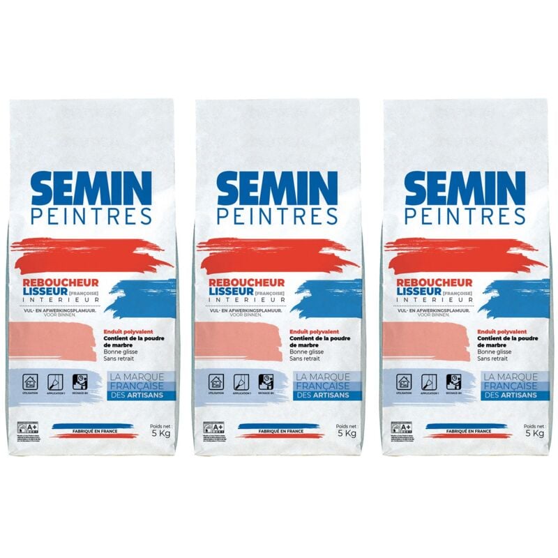 Lot de 3 enduits de rebouchage et lissage en poudre Reboucheur Semin séchage rapide - intérieur - sac de 5 kg