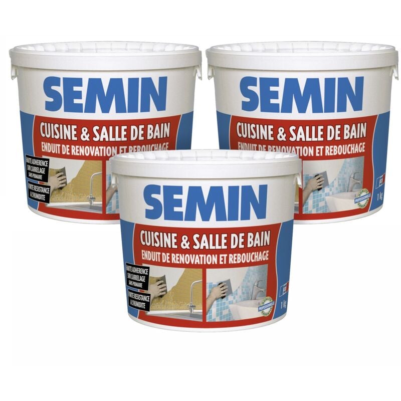 Semin - Lot de 3 enduits de rebouchage et rénovation spécial cuisine et salle de bain adapté aux pièces humides - seau de 1 kg