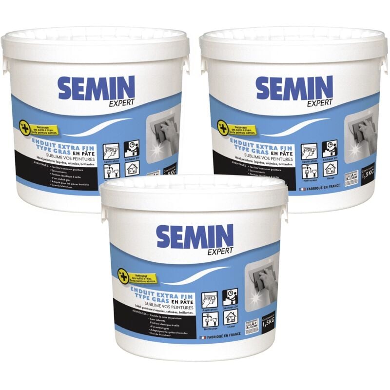 Semin - Lot de 3 enduits extra fin lissage type gras, sans solvants - séchage rapide - intérieur/extérieur - seau de 1,5 kg