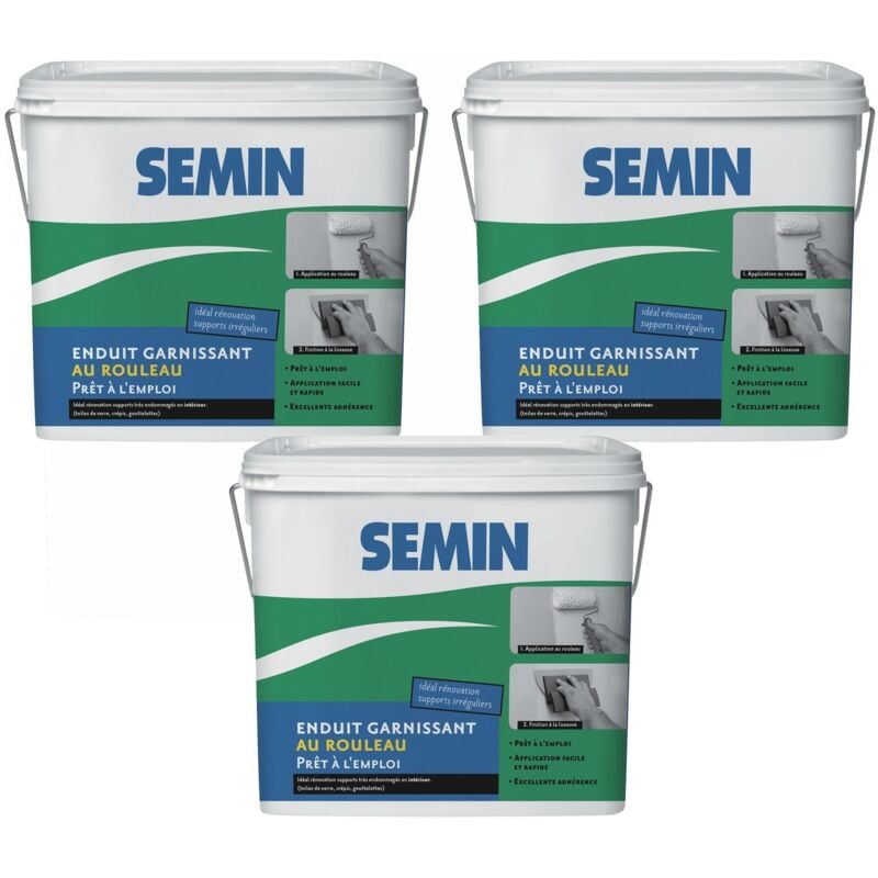 Lot de 3 enduits garnissant au rouleau pour la rénovation des supports très endommagés Semin intérieur - seau de 10 kg