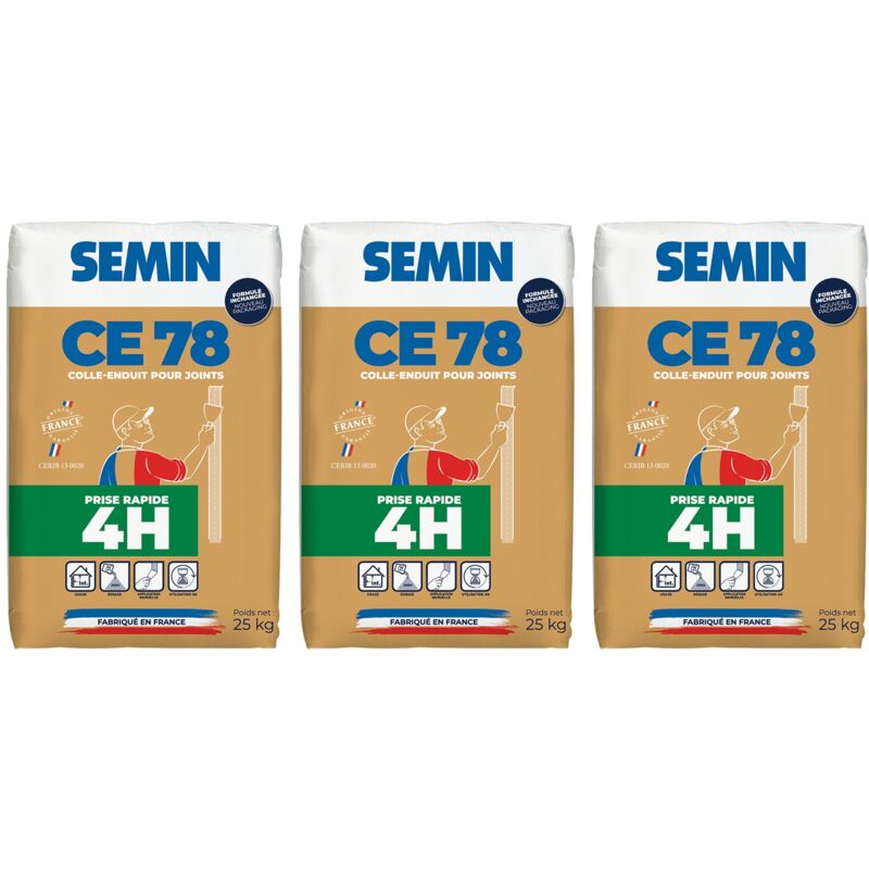 Semin - Lot de 3 enduits pour réaliser les joints de plaques de pâtre ce 78 Rapide temps de prise 4 heures - intérieur - sac de 25 kg