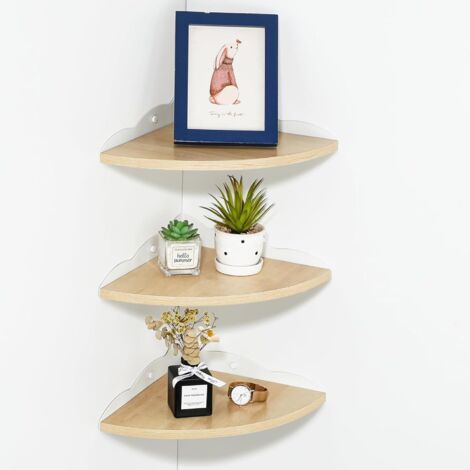 Lot de 3 Étagère d'angle Flottante Rustique en Bois, Brun Clair Etagere Murale Tablettes Flottantes Rangement pour Cuisine, Chambre, Salon, Fixations Incluses, 27CM Rayon