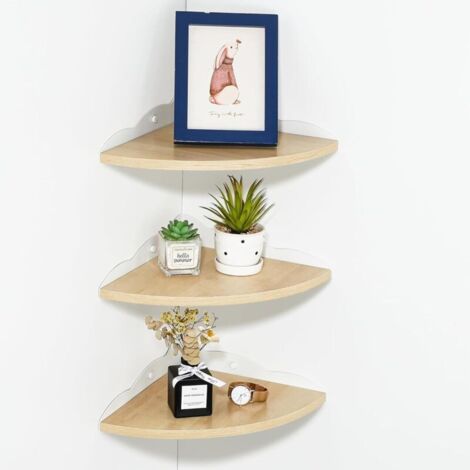 Lot de 3 Étagère d'angle Flottante Rustique en Bois, Brun Clair Etagere Murale Tablettes Flottantes Rangement pour Cuisine, Chambre, Salon, Fixations Incluses, 27CM Rayon