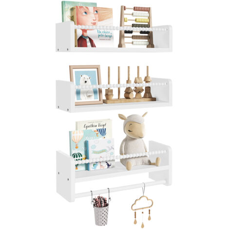Lot de 3 Étagère Murale pour Enfant WOLTU, en Bois Massif, Étagère Livre Enfant avec Perles en Bois, Blanc, 40cm