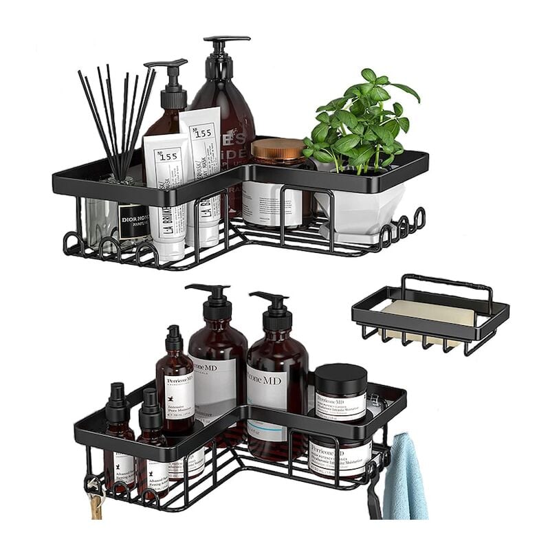 Ouylaf - 3 Pièces Etagère de Douche sans Perçage, Etagere Salle de Bain en Acier Inoxydable, Etagere Douche avec Crochets, Étagère de Rangement