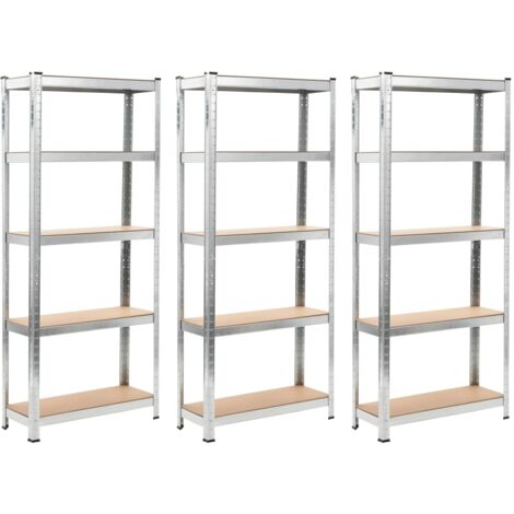 Lot de 3 étagères de rangement charge lourde robuste atelier garage outils acier galvanisé et MDF 172 cm argenté