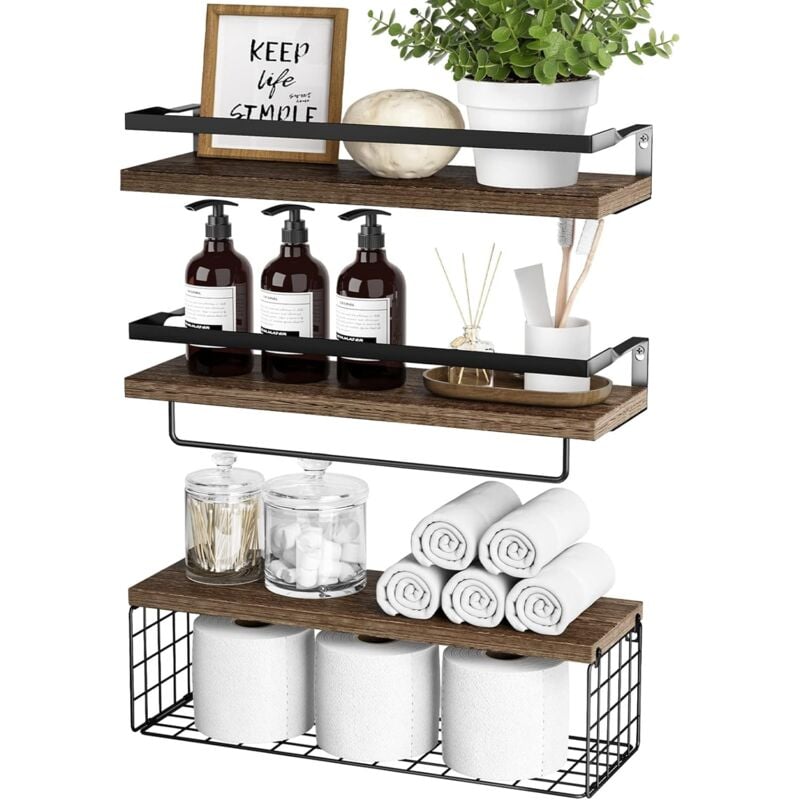Lot de 3 étagères flottantes avec panier de rangement, étagères murales en bois rustique pour salle de bain, chambre, salon, cuisine (marron) Etagère