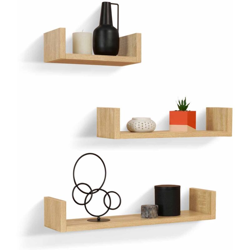 Idmarket – Lot de 3 étagères murales en bois mélaminé façon hêtre 60/45/30 cm – Charge 10 kg – Fixation murale incluse – Installation facile