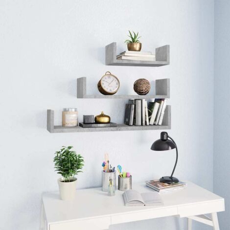 Lot de 3 Étagères murales pour Salon Bureau Chambre Gris béton Aggloméré -BV94946