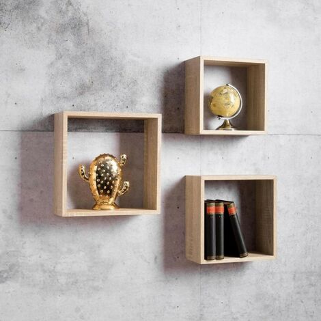Lot de 3 étagères murales Shelvy Cub, forme cube, couleur sonoma