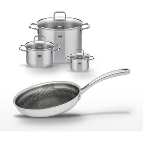 Lot de 3 Faitouts 14/20/26cm et Poêle 24cm en inox Elo Relief Evolution
