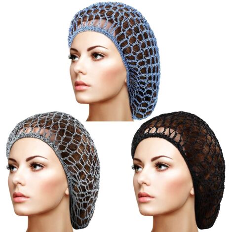 Lot de 3 filets à cheveux en maille douce rayonne, bonnet de nuit, filet à cheveux crocheté pour cheveux longs, accessoires pour cheveux femme, noir, bleu, gris