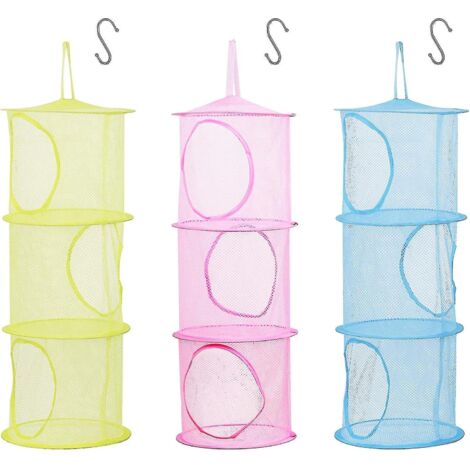 Lot de 3 filets de rangement pour enfants, paniers pliables en maille avec crochet en S pour petits jouets en peluche
