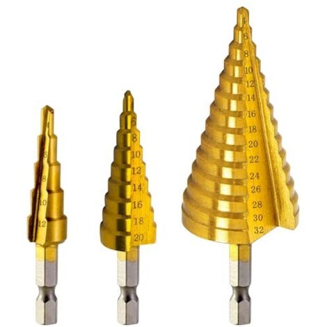 Lot de 3 forets à échelons spiralés HSS Fraise conique en titane cobalt pour effectuer un trou forage bois acier métal plastique laiton 4-12 mm/4-20 mm/4-32 mm -