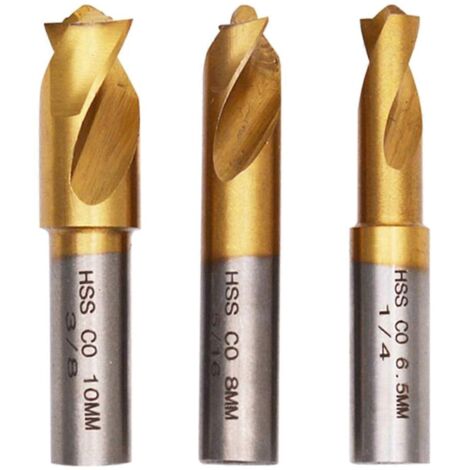 Lot de 3 forets à souder par points en cobalt, diamètres 1/4" (6,5 mm), 5/16" (8 mm) et 3/8" (10 mm), forets robustes et résistants pour le soudage par points.