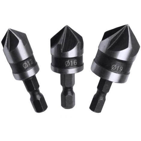 Lot de 3 forets coniques à queue hexagonale 5 cannelures à 90 degrés pour le travail du bois 12 mm/16 mm/19 mm