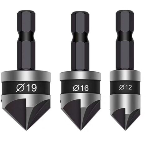 Lot de 3 forets coniques à tige hexagonale de 6,35 mm, 5 cannelures, centre à 90 degrés, 12 mm, 16 mm, 19 mm pour travail du bois, perceuse à bois, métaux doux (noir)