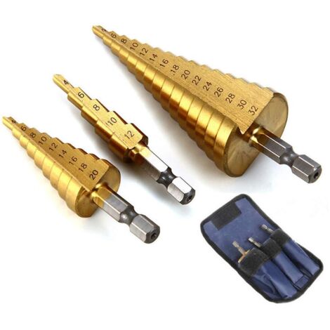 Lot de 3 forets étagés (4-12/20/32 mm) – Acier rapide, revêtement titane – Pour perçage du métal
