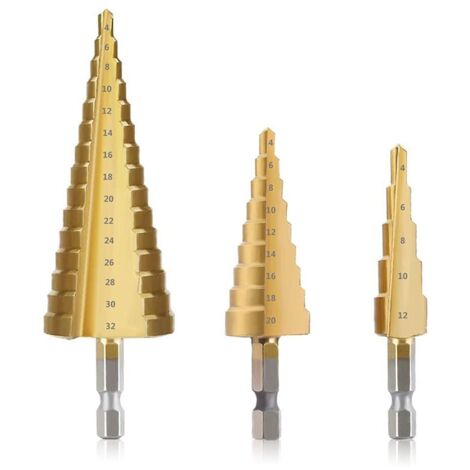 Lot de 3 forets étagés à fraiser, en acier rapide HSS, à queue hexagonale conique, revêtement titane, pour plastique, aluminium, PVC, acier et bois, diamètres 4-12/4-20/4-32 mm