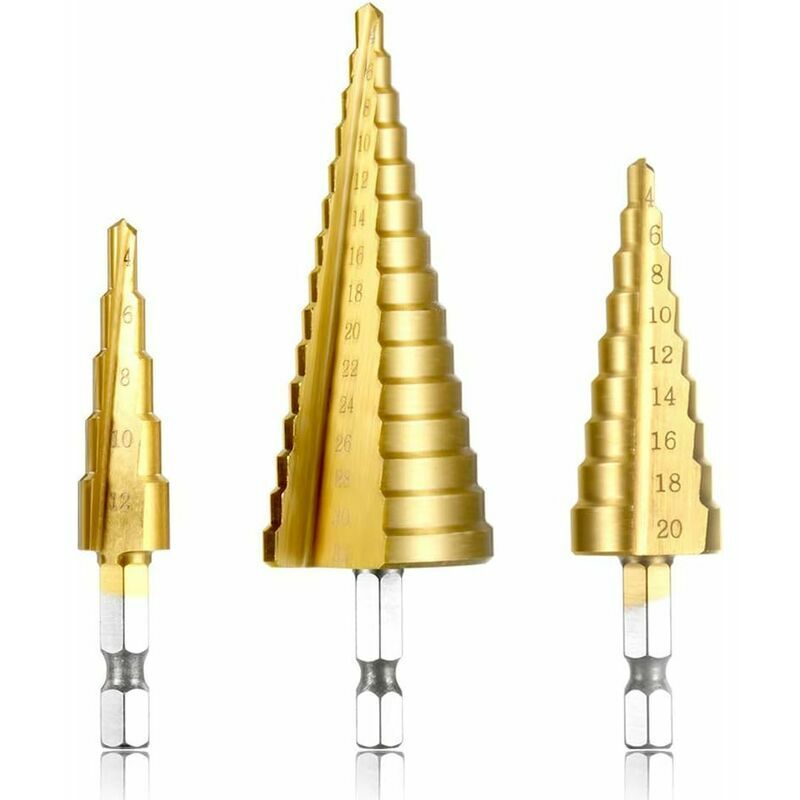 Dpzo - Lot de 3 forets fraises à étages en hss pour perçage sur acier, inox, métal et bois, avec tige hexagonale et revêtement en titane, tailles