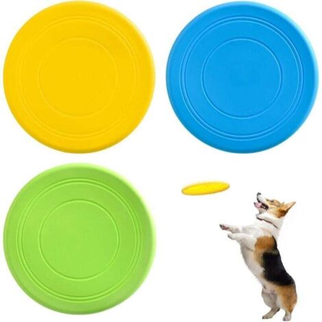 Lot de 3 frisbee pour chien - Disque volant pour chien - Soucoupe volante en caoutchouc naturel souple - Pour s'amuser en extérieur - 17,8 cm (jaune, vert, bleu)