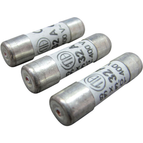 Lot de 3 fusibles céramique à voyant, 10.3x38mm, 32A, 400V - Tibelec