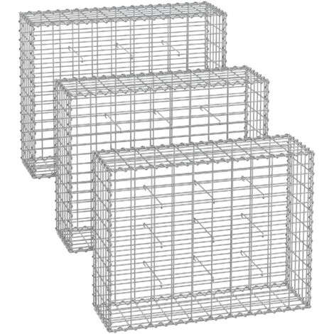 Lot de 3 Gabions pour Pierre, 100 x 80 x 30cm, cloture gabion, Cage en Métal, Panier à Pierre, Maille 5 x 10 cm, Galvanisé, Mur, Paterre, Décoration de Jardin, Argent