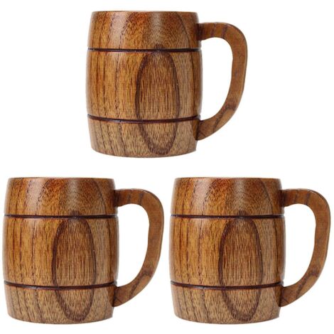 Lot de 3 gobelets en bois naturel de style classique de 400 ml, chopes à bière en bois, cadeaux originaux et écologiques pour les fêtes