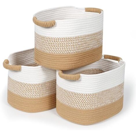 Lot de 3 Grand Panier de Rangement Coton, Panier Rangement Corbeille en Coton Tissé, Paniers à Linge, Rangement Organisateur à Multiples pour Salon, Salle de Bain, Chambre, Enfant, Kaki-Blanc