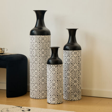 Lot de 3 grands vases de sol (50/66/83 cm) - Grands vases décoratifs en métal à motifs géométriques, cache-pots pour plantes, pour décorer le salon, l'entrée et le bureau dans un style moderne