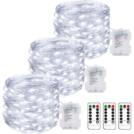 Lot de 3 Guirlande Lumineuse a Pile, 10M 100LED Guirlande Led à Pile avec Télécommande 8 Modes Fonction Minuterie IP65 Etanche Fil Lumineux Décoration Intérieur Extérieur Chambre Noël, Blanc Froid [Cl
