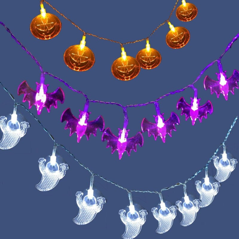 Lot de 3 guirlandes lumineuses d'Halloween 3 m 20 led Citrouilles orange, chauves-souris violettes, fantômes blancs pour Halloween