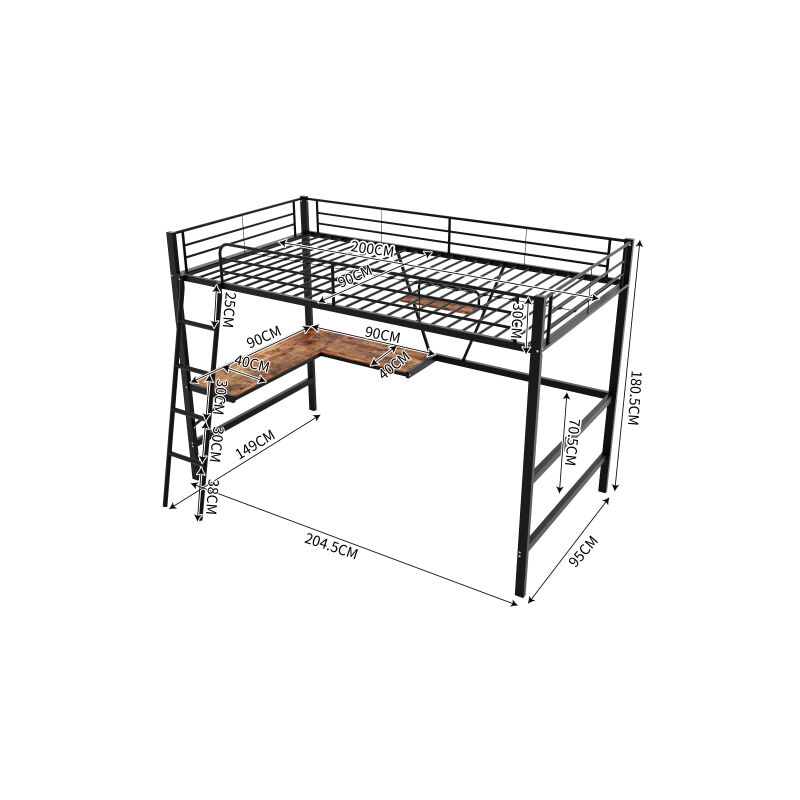 Cadre de lit métallique, 90x200cm lit en fer, lit mezzanine avec bureau en l et une étagère pour enfants, adolescents et adultes, noir