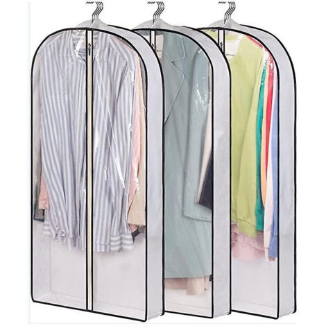 Lot de 3 housses de vêtements transparentes et imperméables avec fermeture éclair - Sacs de rangement anti-poussière et anti-mites blancs, 60 x 100 + 10 cm