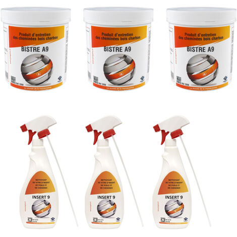Lot de 3 insert9 nettoyant pour vitres pour poêles et inserts + 3 pots de 1kg Produit entretien de cheminé Bois/Charbon BISTRE A9