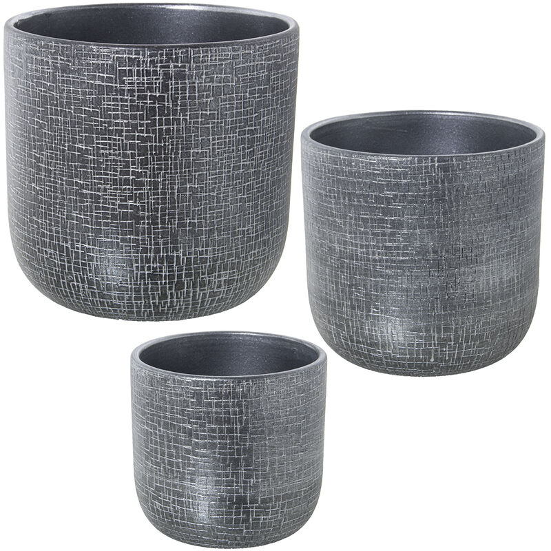 Lot de 3 Pots de Fleurs Céramique Argenté °30X28 Cm +°25X24 Cm +°20X19 Cm