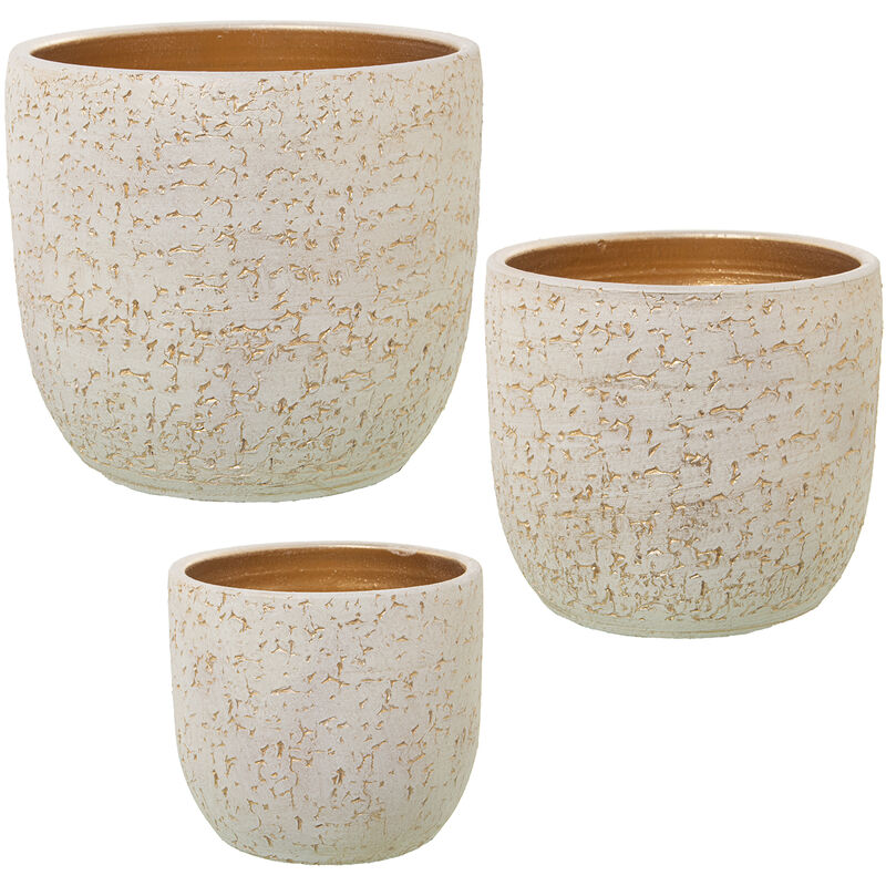 Lot de 3 Pots de Fleurs en Céramique Blanc/Or Craquelé °30X28 Cm +°25X23 Cm +°20X18 Cm