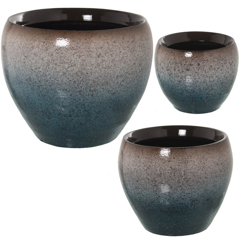 Lot de 3 jardinières en céramique ton bleu °18X16+°24X21+°32X27 Cm