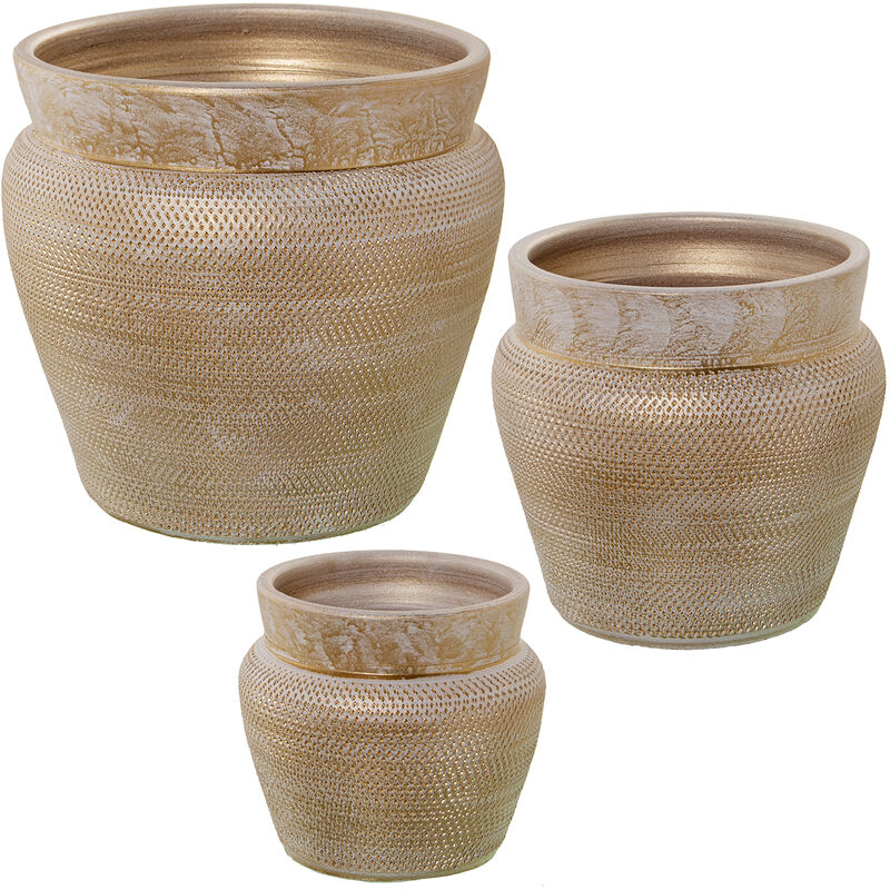 Lot de 3 Pots de Fleurs en Céramique Doré/Blanc °35X33+°26X26+°20X20 Cm