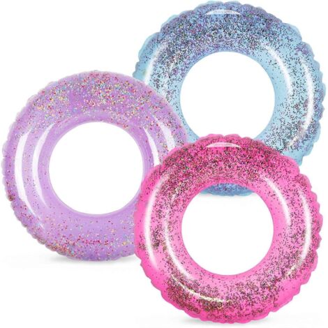Lot de 3 jouets de piscine gonflables violets, roses et bleus, bouées à paillettes de 3 couleurs