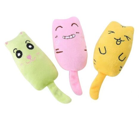 Lot de 3 jouets interactifs pour chat en peluche douce avec herbe à chat, jouet à mâcher pour chat, dessin animé, oreiller pour chat, jouets pour nettoyage des dents de chaton