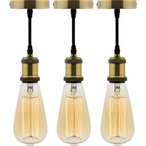 Lot de 3 kits de suspension vintage avec câble textile et ampoules filament carbone Edison