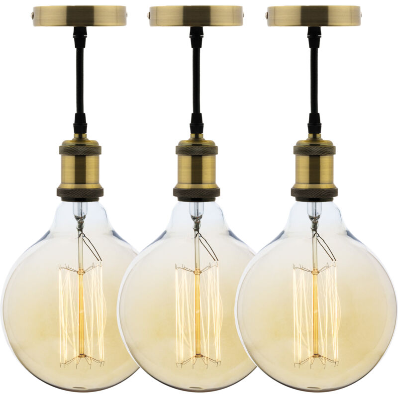 Lot de 3 kits de suspension vintage avec câble textile et ampoules filament carbone Grand globe Lot de 3 kits de suspension vintage avec câble textile et ampoules filament carbone Grand globe