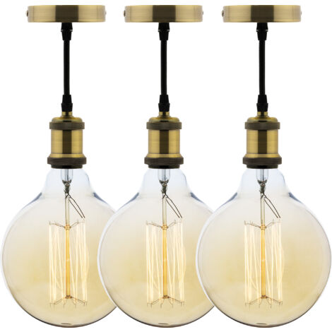Lot de 3 kits de suspension vintage avec câble textile et ampoules filament carbone Grand globe