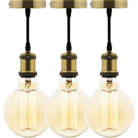 Lot de 3 kits de suspension vintage avec câble textile et ampoules filament carbone Petit globe
